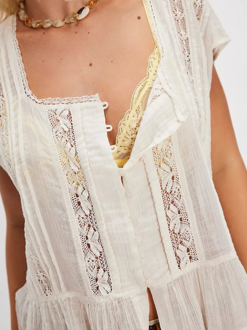 Free People FP One Georgia Blouse Top Lace Trim Capped Sleeve XS - Picture 3 of 10